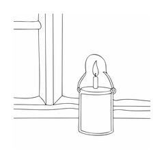 Simple black and white line drawing of a lantern with a lit candle beside a window