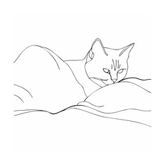 Simple linear illustration of a relaxing cat laying on a pillow or comfortable bed