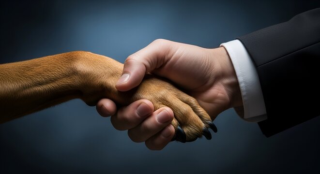 Close-up of a human hand and a dog paw shaking, highlighting mutual trust, respect, and friendship. Symbolizes partnership and connection between people and animals in a moment of bonding.