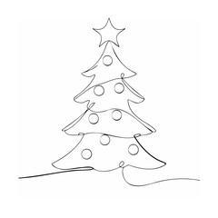 Simple elegant christmas tree line art drawing with star decoration and ornaments