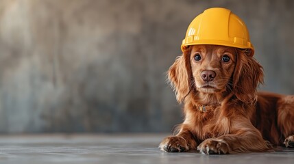 This delightful image shows a golden dog wearing a yellow construction hat, embodying fun and humor in a playful twist on the working animal concept.