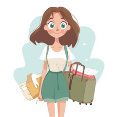 Funny cartoon girl with expressive big eyes standing with a suitcase and travel bags. Cute vacation traveler character on white background.