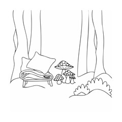 Peaceful scene featuring a relaxing bench pillows mushrooms and trees in a forest clearing