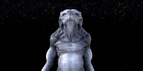 Illustration of an alien monster looking upward with head back and mouth open against a night background.