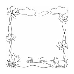Hand drawn picnic scene with flowers clouds and picnic table frame for design and decoration.