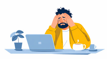 Stressed Man Sitting in Front of Laptop Holding His Head – Work Stress and Overwhelm Concept