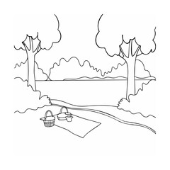 Black and white vector illustration of a park picnic with trees and landscape
