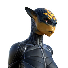 3d illustration of a strange alien with reptilian skin and pointed ears and open mouth wearing a neoprene suit looking into the distance on a white background.