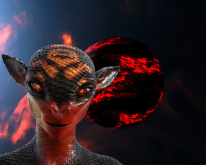 3d illustration of an alien with pointed ears and red eyes looking forward against a fiery planet and nebula background.