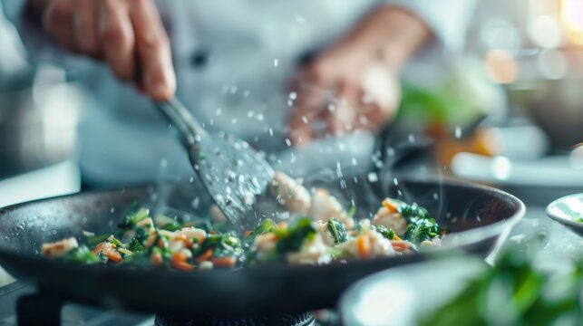 A professional chef skillfully cooks a medley of vegetables and proteins in a sizzling pan, capturing the dynamic energy and artistry of culinary expertise in a well-lit kitchen.