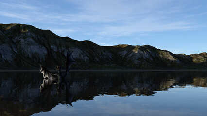 Illustration of a dragon in a lake with wings up and mouth open.