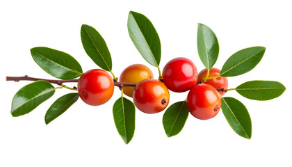 Close up jujube branch displaying reddish ripening berries, glossy green foliage against transparent backdrop