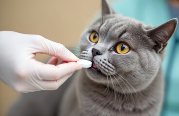Vet giving medicine to gray Scottish Fold cat. White tablet given to animal. Concept taking medicines for animals. Anthelmintics veterinary medicine. Close-up with doctor hand wearing glove. Pet