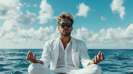 A calm, meditating man dressed in white sits peacefully on the ocean, embodying tranquility and mindfulness against a beautiful blue sky and fluffy clouds.