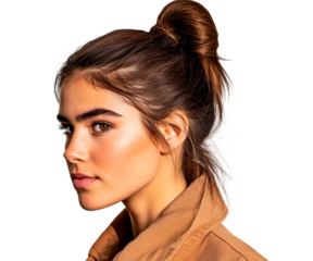 Portrait of a brunette woman in profile view, cut out transparent