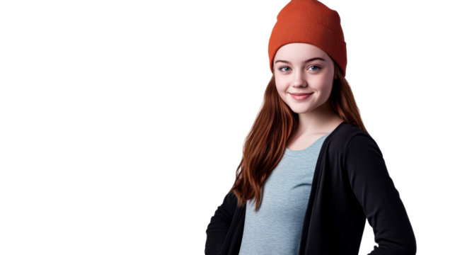 Smiling Young Female in Orange Hat, Cut Out Transparent