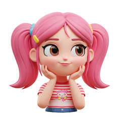 PinkHaired Girl with Thoughtful Expression A 3D Rendered Portrait isolated on transparent background