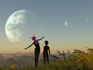 3d illustration of a female alien standing next to a human with arms out playfully on an extraterrestrial with a large planet and moons in the sky.