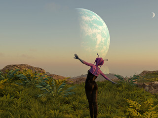 3d illustration of a female alien with tendrils with arms out looking at an extraterrestrial planet in the sky at sunset.