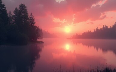 Fototapeta premium Pink And Orange Sunset Over Calm Water With Trees. High quality
