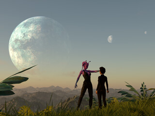 3d illustration of a female alien giving directions to a woman on an extraterrestrial with a large planet and moons in the sky.