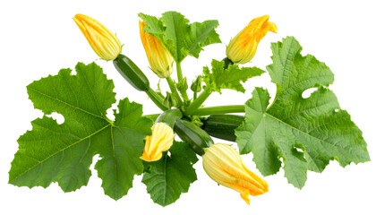 Fresh zucchini branch with small fruit, lobed leaves and yellow flowers, isolated on white background with transparency