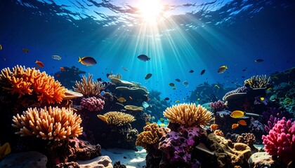 Underwater Scene with Coral Reefs and Fish Illuminated by Sunlight in Blue Water