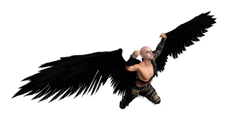 Illustration of a flying male angel with spread wings and clenched fists looking upward isolated on a white background.