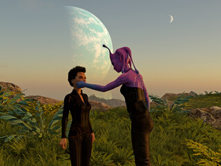 3d illustration of a female alien leaning forward and touching the cheek of a short human on an extraterrestrial world at sunset.