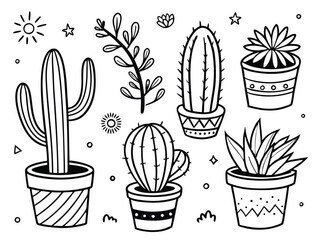 Hand-Drawn Cactus & Succulent Doodle Vector Set – Exotic Plants & Botanical Elements