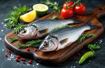 Fresh raw seabass fish on wooden board with lemon tomatoes rosemary and spices. Mediterranean dinner meal prepared for cooking. Healthy seafood ingredients in kitchen.