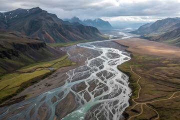 Braided River System Aerial View in Iceland-like Landscape