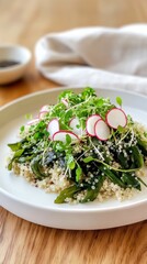 Exquisite quinoa and wakame salad with truffle sauce and microgreens, arranged on a minimalist plate for a modern, luxurious presentation ideal for culinary promotions.