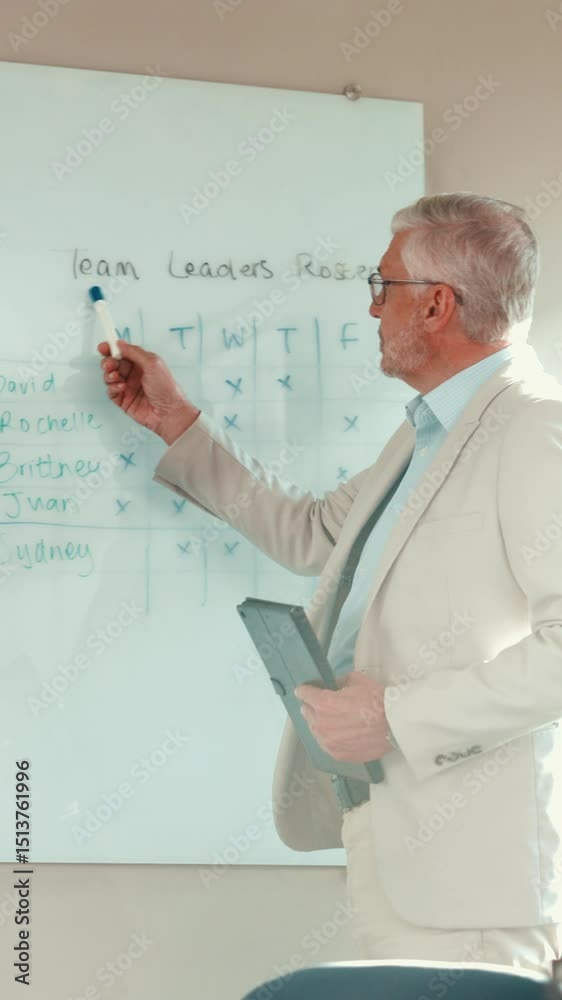 Aufkleber mature, businessman and presentation with whiteboard in meeting for graph, chart or statistics. man,