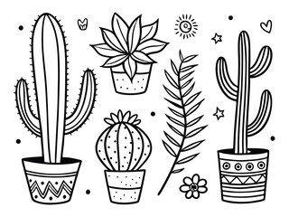 Hand-Drawn Cactus & Succulent Doodle Vector Set – Exotic Plants & Botanical Elements