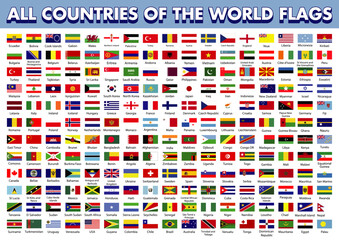 All world flags are vectors of rectangular icons, Flags of all countries,World nations waving flags. Official country signs with names, countries' flag banners. International travel symbols, geography