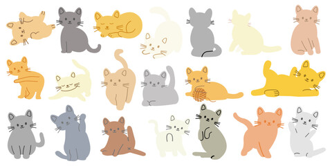 Hand drawn cute cat illustration set. Playful kittens in different poses. Vector pet illustrations of sitting, stretching, walking, grooming, and lying cats. 
Simple line style doodles with paw prints