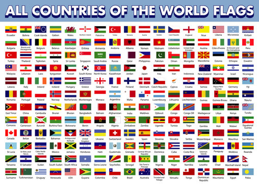 All world flags are vectors of rectangular icons, Flags of all countries,World nations waving flags. Official country signs with names, countries' flag banners. International travel symbols, geography