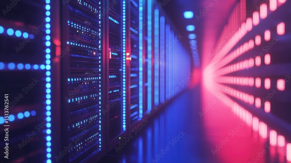 Fototapete 3d rendered data center corridor with glowing blue and pink lights reflecting off rows of high-tech 