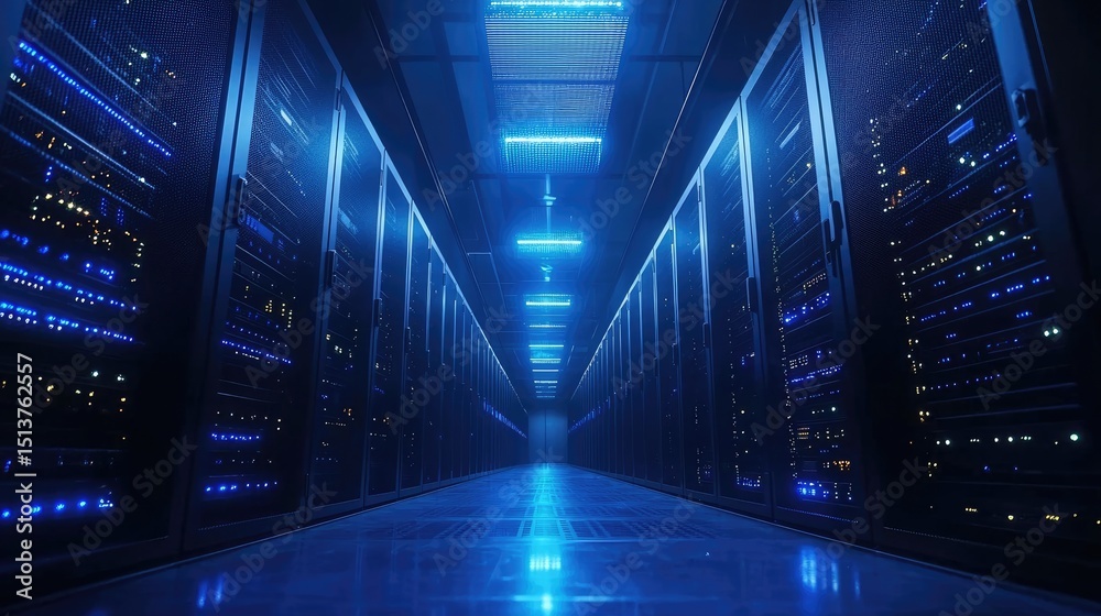 Fototapete Futuristic 3D rendered data center hallway with symmetrical rows of illuminated blue servers and glowing overhead panels, perfect for cybersecurity, AI, or cloud computing visuals