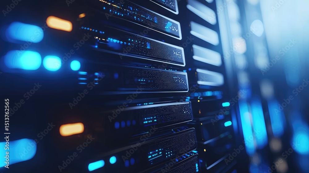 Poster close-up 3d render of modern data center servers with glowing blue and orange lights, ideal for illu