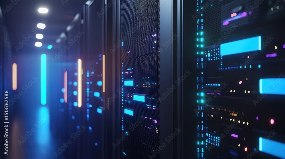 Poster 3d rendered server room with glowing blue and amber led panels on sleek racks in a futuristic hallwa