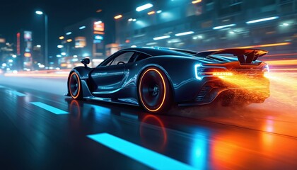 Obraz premium High-speed sports car wheel spinning with neon blue light streaks. Futuristic automobile design. Dynamic motion, acceleration, speed and power. Car racing on night urban street. Automotive tech.