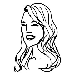 Portrait of a pretty blond lady with long loose hair. Smiling young woman. Hand drawn linear doodle rough sketch. Black and white silhouette.