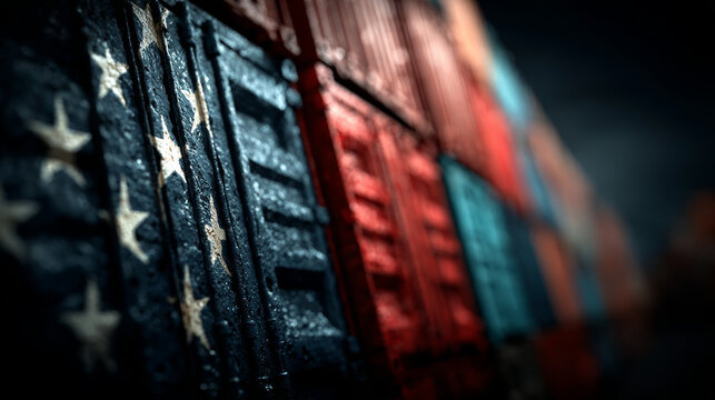 Fototapeta American tariffs and US government taxation or punative tariff trade war policy or duties imposed on imports and exports on imported or exported goods as Protectionism as a 3D illustration.
