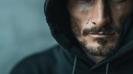 A man in a black hoodie gazes intensely into the camera, emanating a mysterious aura while exploring themes of strength, vulnerability, and the dichotomy of human emotion.