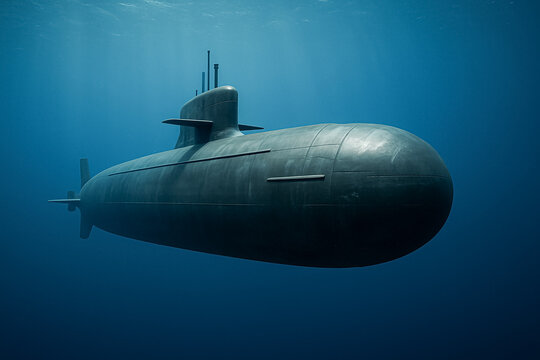 Fototapeta Underwater military submarine cruising silently in deep blue ocean depths.