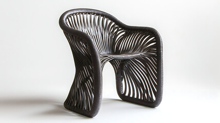 A chair made of twisted metal and black fabric