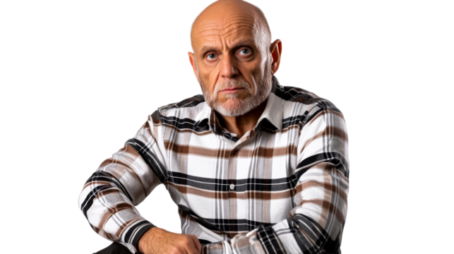 Serious bald man in plaid shirt looking forward, cut out transparent