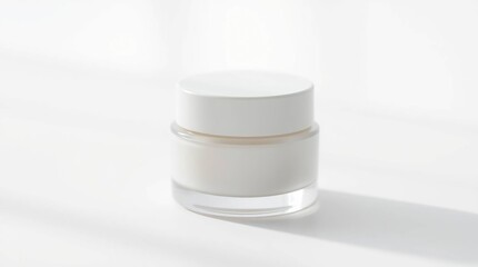 A white cylindrical jar with a white lid, filled with a cream-colored substance, sits on a white surface with soft, natural light casting shadows